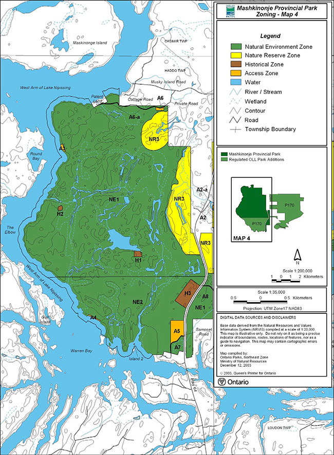 This is a zoning map of Mashkinonje Provincial Park.
