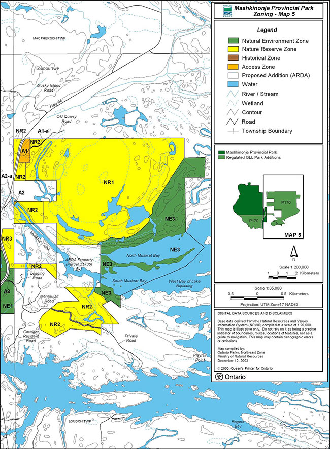This is map 5 showing the zoning for Mashkinonje Provincial Park