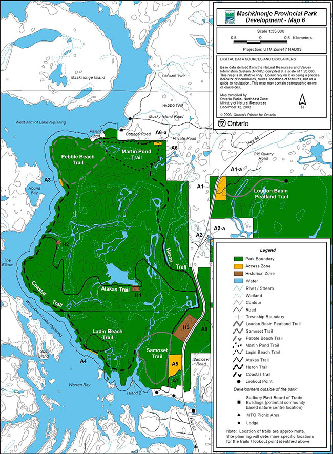 This is a development map of  Mashkinonje Provincial Park.