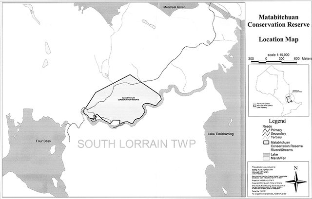 Grey scale map indicates indicates primary roads with a solid black line. Secondary roads are indicated with a dotted line, and tertiary roads with light grey lines. The Conservation Reserve is outlined with a solid black line. Lakes are shaded light grey and marsh/fen are white.