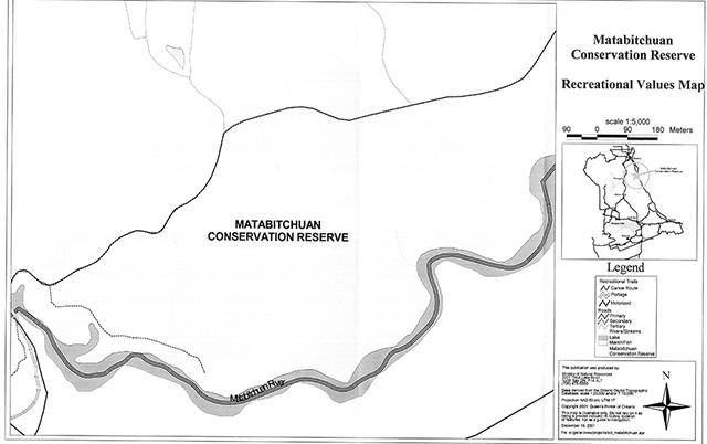 Grey scale map indicates indicates primary roads with a solid black line. Secondary roads are indicated with a dotted line, and tertiary roads with light grey lines. The Conservation Reserve is outlined with a solid black line. Canoe routes ARE indicated with dark grey line. Portage route is indicated with a white line outlined in black, and motorized roads with grey dotted lines. The Conservation Reserve is outlined with a solid black line. Lakes are shaded light grey and marsh/fen is white. Poplar deciduous mixed areas are shaded with light grey dots. White pine coniferous mixed wood stands are shaded with darker grey dots. Stands of old growth are shaded in larger grey dots. Lakes are solid grey and marsh/Fen are lightest solid grey. Rivers and streams are lightest grey.
