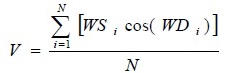 V equals StartFraction Sigma-summation Underscript i equals 1 Overscript N Endscript left-bracket WS Subscript i Baseline cosine left-parenthesis WD Subscript i Baseline right-parenthesis right-bracket Over N EndFraction.