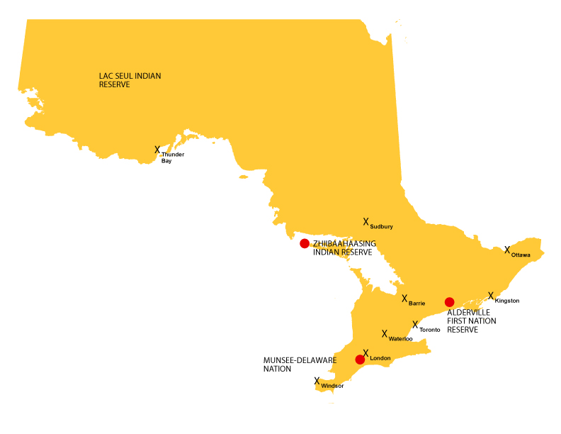 A map of Ontario showing the locations of Lac Seul Indian Reserve, Zhiibaahaasing Indian Reserve, Munsee-Delaware Nation and Alderville First Nation Reserve.