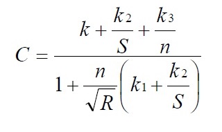 C equals start fraction k plus start fraction k2 over S end fraction plus start fraction k3 over n end fraction over 1 plus start fraction n over start root R end root end fraction left parenthesis k1 plus start fraction k2 over S end fraction right parenthesis end fraction