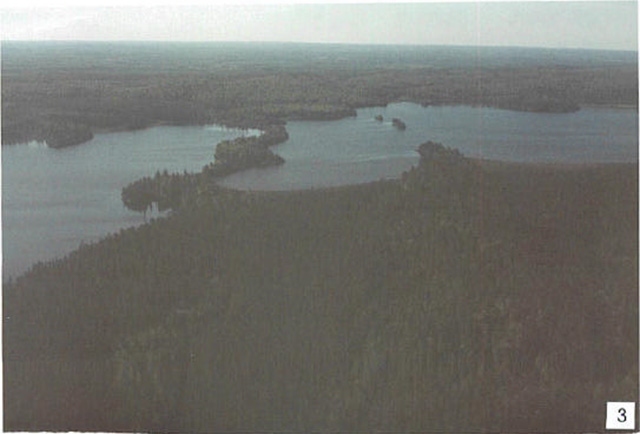 This is photo 3: Extension of two granitic ridges in a sinuous peninsula (left) and islands (right) toward southwest beneath Melgund Lake