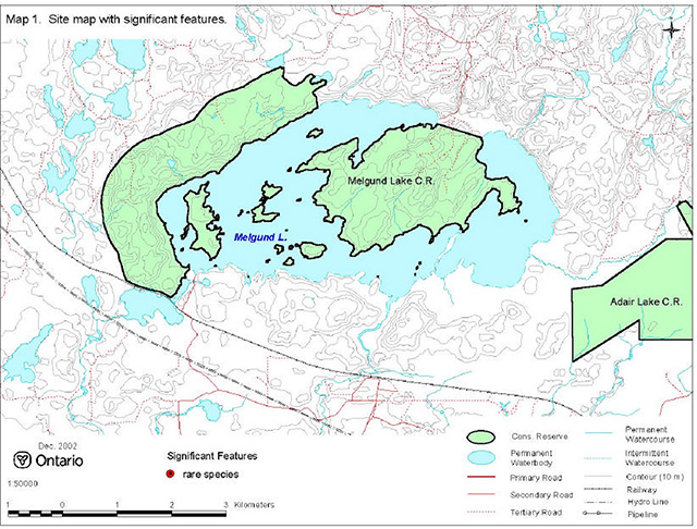 This is a site map of Melgund Lake Conservation Reserve that indicates significant features