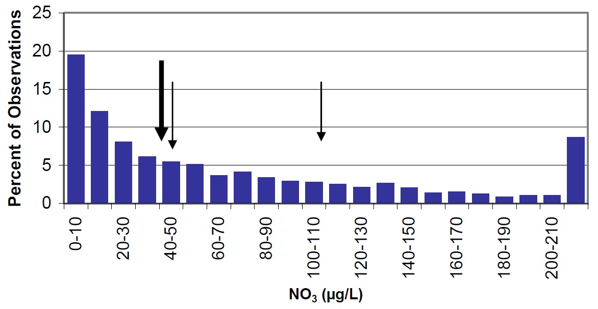 A histogram bar chart showing the distribution of nitrate concentrations in Ontario lakes as a percentage of the total observations. This distribution shows that nitrate concentrations range from 0 to more than 210 micrograms per litre in Ontario’s lakes, and that greater than 50% of lakes have nitrate concentrations between 0 and 50 micrograms per litre. The lake-wide average nitrate concentration for Lake Nipissing for the years 2003 to 2004 is shown by a large arrow to be 45 micrograms per litre. Smaller arrows indicate the ammonium concentrations in Cache and Callander Bays to be 44 and 109 micrograms per litre, respectively. In general, nitrate concentrations in the main basin of Lake Nipissing are similar to those of Cache Bay, and lower than those of Callander Bay for the years 2003 to 2004, compared to other lakes in Ontario.