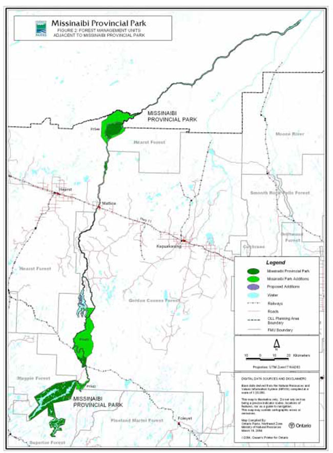 This map provides a detailed information for Forest Management Units Adjacent to Missinaibi Provincial Park.