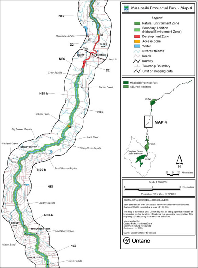 Map showing detailed information about Missinaibi Provincial Park.