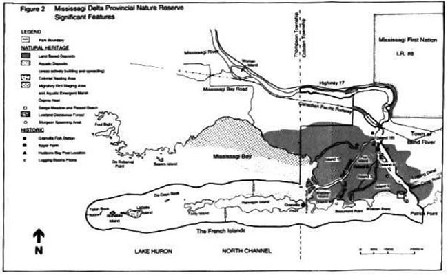 This map provides a detailed information for Mississagi Delta Provincial Nature Reserve Signature Features.