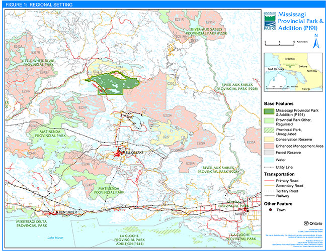 This map provides a detailed information for regional setting in Mississagi Provincial Park Interim Management statemnet.