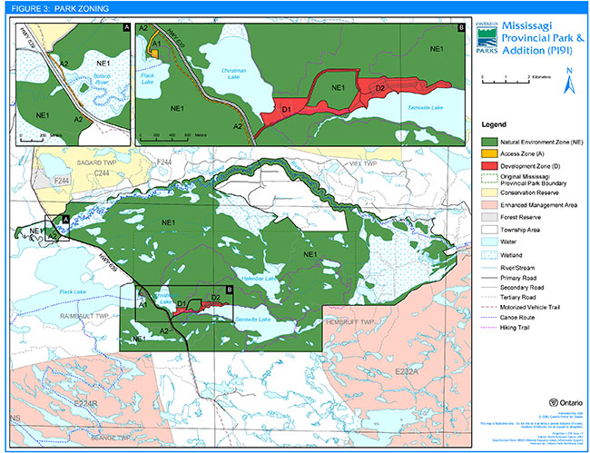 This map provides a detailed information about the park zoning in Mississagi Provincial Park Interim Management statemnet.