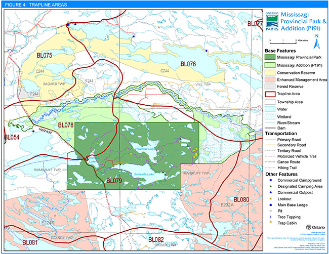 This map provides a detailed information for trapline areas in Mississagi Provincial Park Interim Management statemnet.