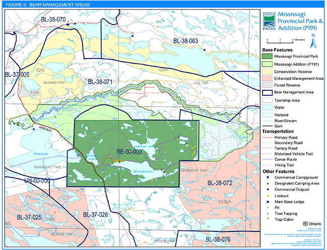 This map provides a detailed information about the bear managemnet areas in Mississagi Provincial Park Interim Management statemnet.