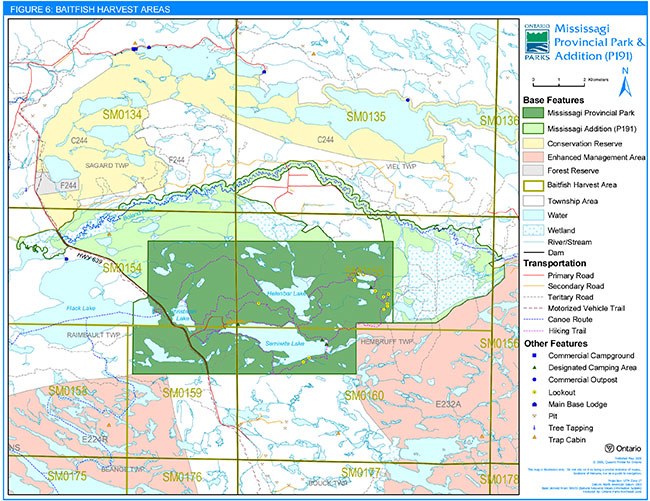 This map provides a detailed information about the baitfish harvest areas in Mississagi Provincial Park Interim Management statemnet.
