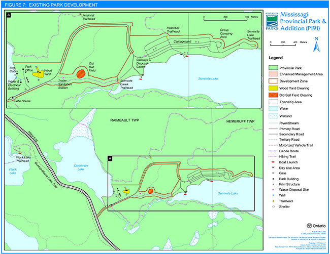This map provides a detailed information about the existing park development in Mississagi Provincial Park Interim Management statemnet.