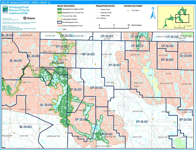 This map shows a detailed information about the Bear Management Areas in Mississagi River Provincial Park and Addition.