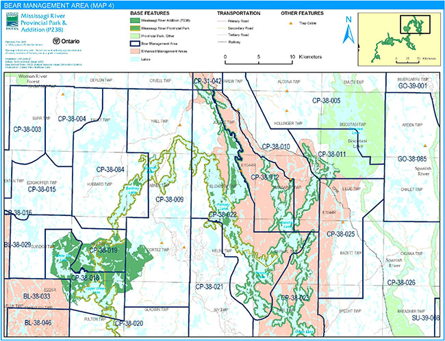 This map shows a detailed information about the Bear Management Areas in Mississagi River Provincial Park and Addition.