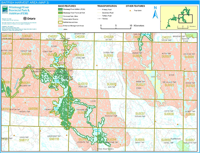 This map shows a detailed information about the Baitfish Harvesting Area in Mississagi River Provincial Park and Addition.