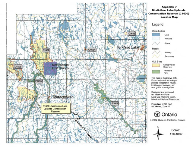 Map of Mistinikon Lake Uplands Conservation Reserve showing Ontario’s Living Legacy sites including surrounding Conservation Reserves and Provincial Parks. Lakes, wetlands, rivers and primary and secondary roads are also shown.