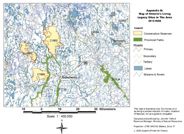 Map of Mistinikon Lake Uplands Conservation Reserve showing Ontario’s Living Legacy sites. Conservation Reserves and Provincial Parks are shown.