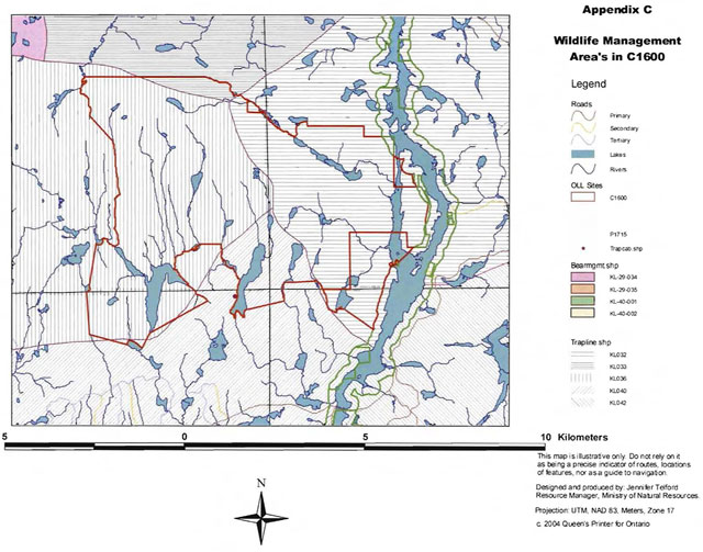 Map of Mistinikon Lake Uplands Conservation Reserve showing Wildlife Management Areas, including Bear Management Areas and traplines. Ontario’s Living Legacy sites are also shown.