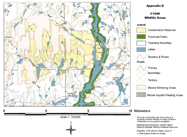 Map of Mistinikon Lake Uplands Conservation Reserve showing Wildlife Areas, including moose wintering areas and moose aquatic feeding areas.