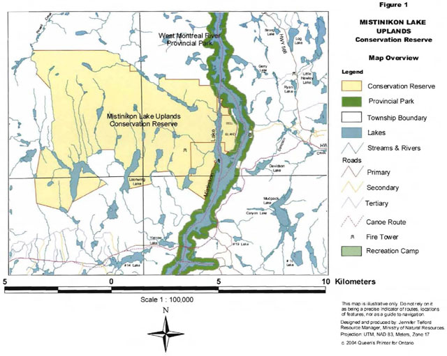 Map showing an overview of Mistinikon Lake Uplands Conservation Reserve (C1600), including provincial park areas, conservation reserve areas, township boundaries, recreation camps, fire tower, primary, secondary, tertiary roads and canoe routes as well as lakes, rivers and streams. The map scale is 1:100,000 with Universal Transverse Mercator projection.