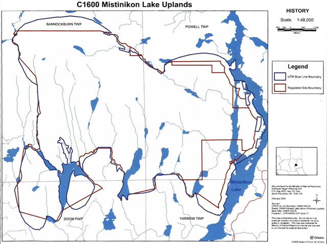 Map of Mistinikon Lake Uplands Conservation Reserve showing the UTM Blue Line Boundary and Regulated Site Boundary. The map scale is 1:48,000.