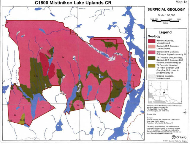 Map of Mistinikon Lake Uplands Conservation Reserve showing surficial geology in the conservation reserve including unsubdivided bedrock outcrop, unsubdivided bedrock-drift complex, bedrock-drift complex where the drift cover is predominantly till, unsubdivided till deposits, bedrock-drift complex where the drift cover is predominantly till, lineated till deposits, till plain, bedrock-drift complex where the drift cover is predominantly till and unsubdivided organic deposits. The map scale is 1:50,000 (meters) with Universal Transverse Mercator (UTM) projection.