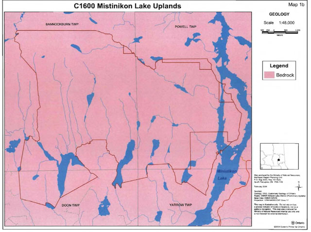 Map of Mistinikon Lake Uplands Conservation Reserve showing bedrock dominating the conservation reserve. The map scale is 1:48,000 (meters) with Universal Transverse Mercator (UTM) projection.