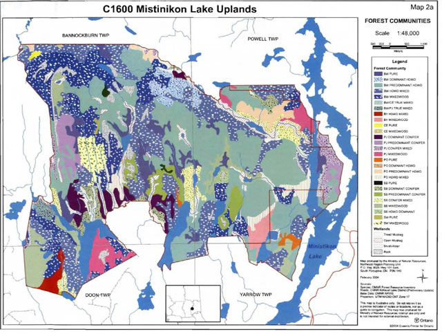 Map of Mistinikon Lake Uplands Conservation Reserve showing forest communities in the conservation reserve. The map scale is 1:48,000 (meters) with Universal Transverse Mercator (UTM) projection.