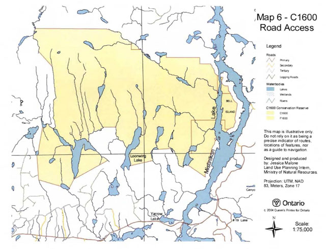 Map of Mistinikon Lake Uplands Conservation Reserve showing primary, secondary, tertiary and logging roads. Lakes, wetlands and rivers and F1600 and C1600 Conservation Reserves are also shown. The map scale is 1:75,000 with Universal Transverse Mercator (UTM) projection.