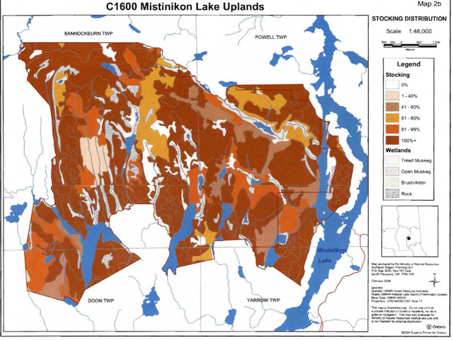 Map of Mistinikon Lake Uplands Conservation Reserve showing stocking distribution in the conservation reserve, ranging from 0% to 100%. Treed Muskeg, Open Muskeg, brush/alder and rock wetlands are shown. The map scale is 1:48,000 (meters) with Universal Transverse Mercator (UTM) projection.