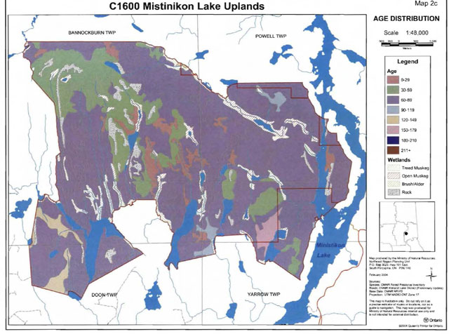 Map of Mistinikon Lake Uplands Conservation Reserve showing the age distribution of forest communities, ranging from 0-29 years to 211+ years. Treed Muskeg, Open Muskeg, brush/alder and rock wetlands are also shown. The map scale is 1:48,000 (meters) with Universal Transverse Mercator (UTM) projection.