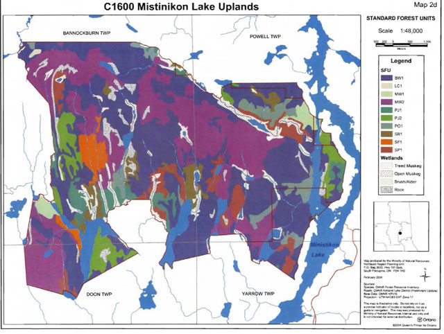 Map of Mistinikon Lake Uplands Conservation Reserve showing Standard Forest Units. The map scale is 1:48,000 (meters) with Universal Transverse Mercator (UTM) projection.