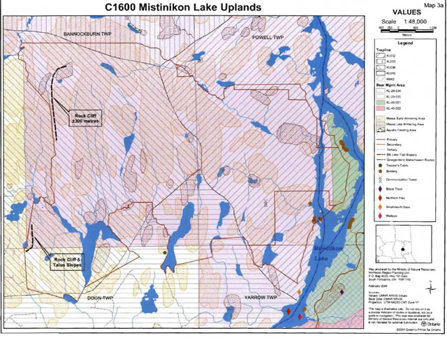 Values Map of Mistinikon Lake Uplands Conservation Reserve showing traplines, Bear Management Areas, Moose Early Wintering Areas, Moose Late Wintering Areas, Aquatic Feeding Areas, trapper’s cabins and areas where Brook Trout, Northern Pike, Smallmouth Bass and Walleye fish are found. The map scale is 1:48,000 (meters) with Universal Transverse Mercator (UTM) projection.