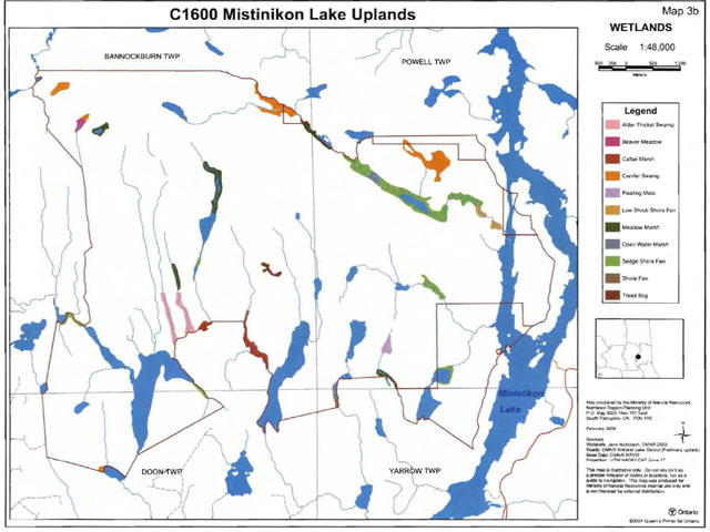 Wetlands Map of Mistinikon Lake Uplands Conservation Reserve showing the locations of Alder Thicket Swamp, Beaver Meadow, Cattail Marsh, Conifer Swamp, Floating Mats, Low Shrub Shore Fen, Open Water Marsh, Sedge Shore Fen, Meadow Marsh and Treed Bog. The map scale is 1:48,000 (meters) with Universal Transverse Mercator (UTM) projection.