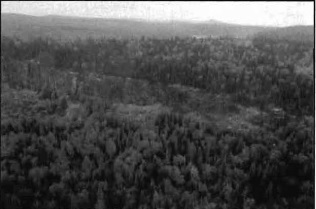 Black and white photo showing a general view approximately ENE into the southwest part of the conservation reserve. Note the bedrock escarpment in the upper left, central, and central right parts of the photograph. Also, note the talus deposits, which have accumulated at the base of the escarpment feature.