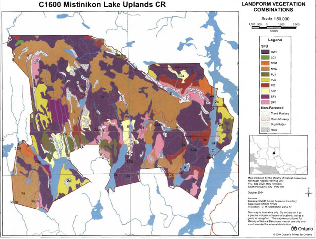 Map of Mistinikon Lake Uplands Conservation Reserve showing the following Standard Forest Units: BW1, LC1, MW1, MW2, PJ1, PJ2, PO1, SB1, SF1, SP1. Non-forested areas such as Treed Muskeg, Open Muskeg, brush/alder and rock wetlands are also shown. The map scale is 1:50,000 (metres) with Universal Transverse Mercator (UTM) projection.