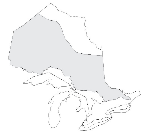 A map of Ontario with the Precambrian Shield shown as a shaded area.