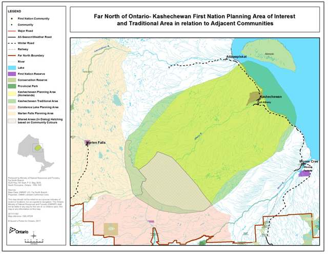 Map showing Kashechewan First Nation Planning Area of Interest and Traditional Harvesting Area in relation to adjacent communities