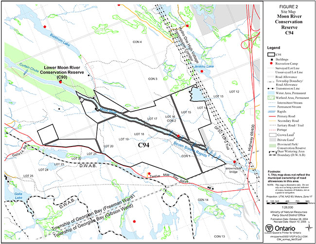 This map shows a detailed information about the site map in Moon River Conservation Reserve (C94). Buildings are indicated by black boxes, recreation camps are indicated by red polygons, the Surveyed Lot Lines are indicated by a grey line, the Unsurveyed Lot Lines are indicated by dotted lines, the Road Allowance is indicated by parallel lines, the Township boundary/Road Allowance is indicated by a striped line with alternating grey and white stripes, the transmission line is indicated by a black line with black dots, the permanent water areas are shown in blue, wetland areas are shown in green/white, intermittent streams are shown with a dotted blue line, permanent steams are shown with blue lines, rapids are indicated by parallel blue wavy lines, primary roads are shown with a red line, secondary roads with an orange line, tertiary road/trail with a thick dotted grey line, portage with a dotted red line, crown lands are indicated with a grey boxed area, private lands are shaded grey, provincial park/conservation reserves are green areas, Deer Wintering Area Boundary is indicated by a striped line with alternating black and white stripes