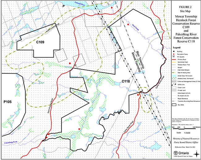 This map shows detailed information about the Site Map –Mowat Township Hemlock Forest and Pakeshkag River Forest Conservation Reserve.