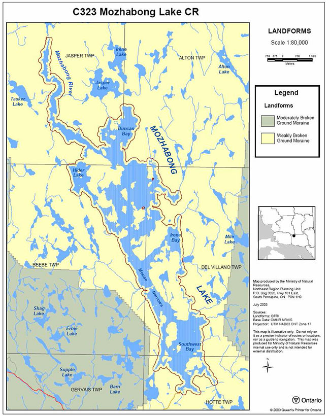 This map shows detailed information about the Landforms in Mozhabong Lake Conservation Reserve.