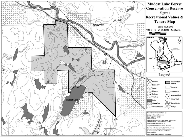 Map of Mudcat Lake Forest Conservation Reserve indicating the recreational values and tenure