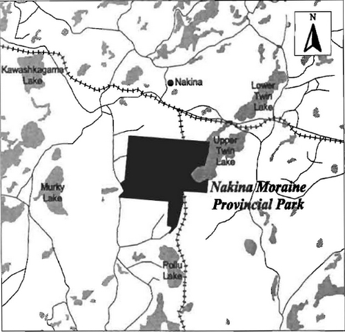 Map showing the location of Nakina Moraine Provincial Park in relation to surrounding region