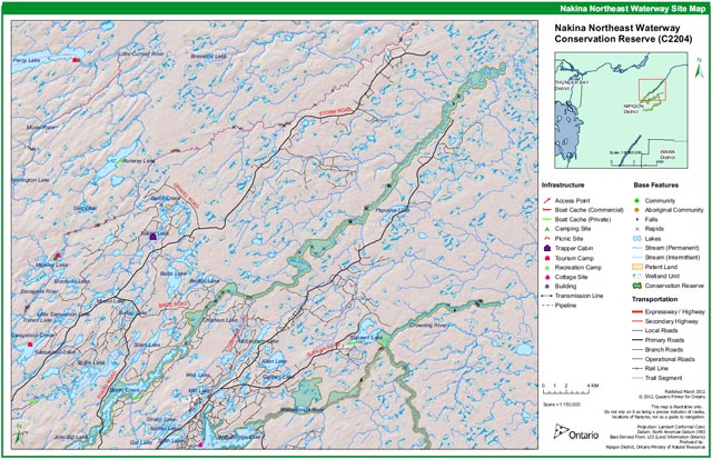 Site map of the Nakina Northeast waterway Conservation Reserve. The map depicts the southern portion of the conservation reserve and the surrounding infrastructure (roads, boat caches, trapper cabins and tourist camps), the waterbodies and the toppography.