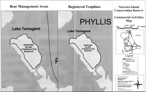 Map showing the Commerical activities values inside of Narrows Island Conservation Reserve