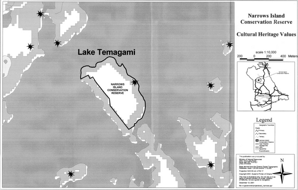 Map showing the Cultural heritage values inside of Narrows Island Conservation Reserve